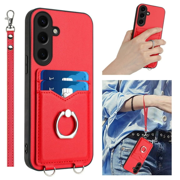 for Samsung Galaxy A24 4G Case, Card Holder Wallet Case, Ring Holder Stand, Wrist Hand Strap, PU Leather Anti-Scratch Shockproof Protective Flip Phone Cover for Samsung Galaxy A24 4G Case, Red