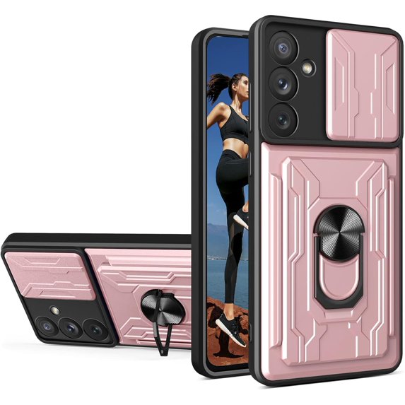 for Samsung Galaxy A24 4G Case with Slide Camera Cover, Heavy Duty Protective with Ring Kickstand & Card Holder Cell Phone Case for Samsung Galaxy A24 4G LJK Rose Gold