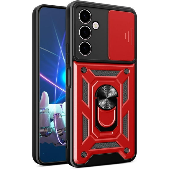 for Samsung Galaxy A24 4G Case with Slide Camera Cover for Men, Military Grade Drop Protective Phone Cover Case with Ring Kickstand for Samsung Galaxy A24 4G SJ Red