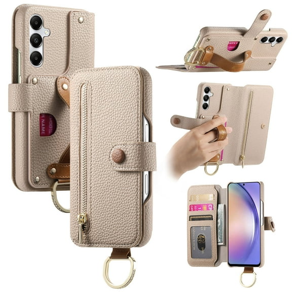 For Samsung Galaxy A24 4G Multi-Functional Case, RFID Blocking Zipper Wallet Card Holder ID Slot Money Pocket Finger Loop Hand Strap PU Leather Flip Kickstand Magnetic Closure Cover,Khaki