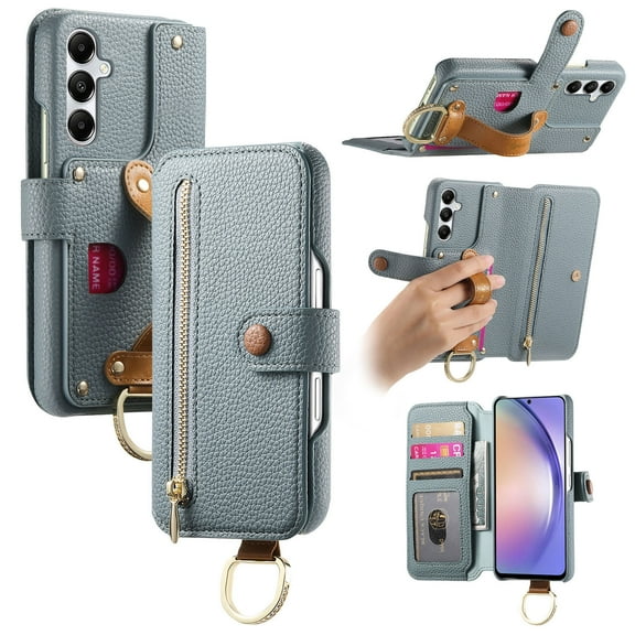 For Samsung Galaxy A24 4G Multi-Functional Case, RFID Blocking Zipper Wallet Card Holder ID Slot Money Pocket Finger Loop Hand Strap PU Leather Flip Kickstand Magnetic Closure Cover,Blue