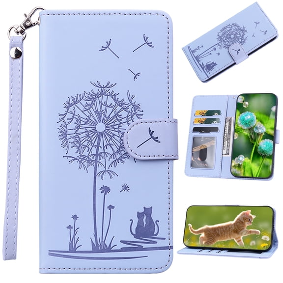 For Samsung Galaxy A24 4G PU Leather Wallet Magnetic Flip Cover with 3 Card Slots [RFID Blocking], Butterfly Dandelion Cat Design Handbag Style Full Body Protection Case with Lanyard,Lightpurple