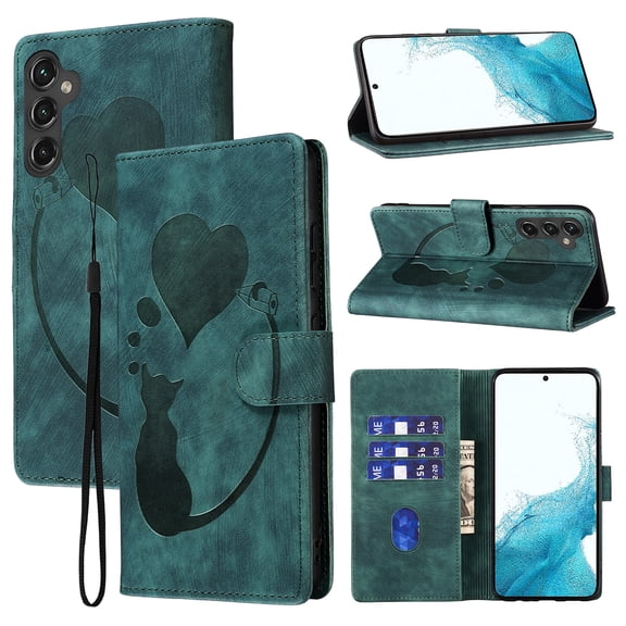 for Samsung Galaxy A24 4G Phone Case Wallet Flip Cases,Cute Cat & Heart Patterned,Retro PU Leather Kickstand,Card Holder,Wrist Strap,Magnetic Closure,Shockproof Cover For Samsung Galaxy A24 4G, Green