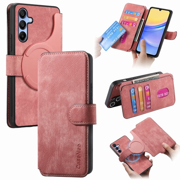 For Samsung Galaxy A24 4G Phone Cover Detachable Magnetic Front Case Hard PC Back Case Stand Feature Card Pocket & Credit Slot Shock-Absorbent Dustproof Wallet Phone Case for Men or Women, Pink