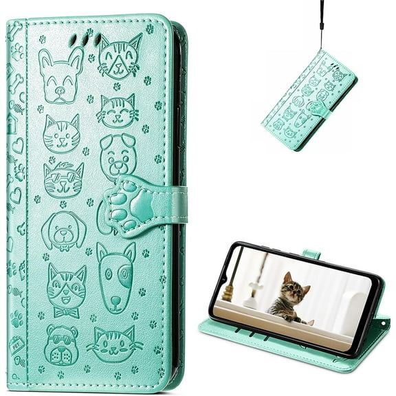 for Samsung Galaxy A24 4G Wallet Case, Cute Cat Dog Cartoon Style with Card Slots Holder PU Leather Flip Phone Cover Case for Samsung Galaxy A24 4G 6.5" MG Green
