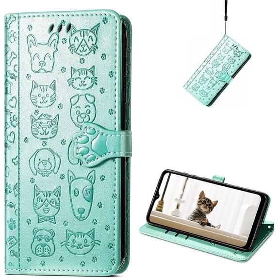 for Samsung Galaxy A24 4G Wallet Case, Cute Cat Dog Cartoon Style with Card Slots Holder PU Leather Flip Phone Cover Case for Samsung Galaxy A24 4G 6.5" MG Green
