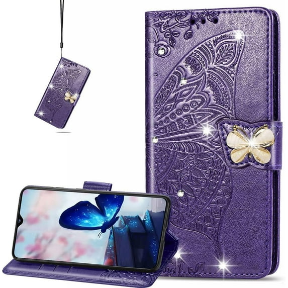 for Samsung Galaxy A24 4G Wallet Case for Women Girls, Shiny Butterfly Flower PU Leather Cover with Card Slot Holder Flip Phone Case for Samsung Galaxy A24 4G Rhinestone Deep Purple