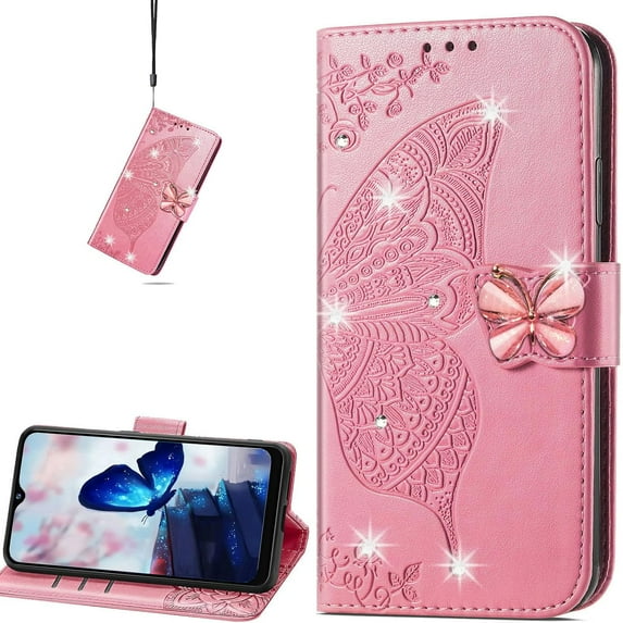 for Samsung Galaxy A24 4G Wallet Case for Women Girls, Shiny Butterfly Flower PU Leather Cover with Card Slot Holder Flip Phone Case for Samsung Galaxy A24 4G Rhinestone Pink