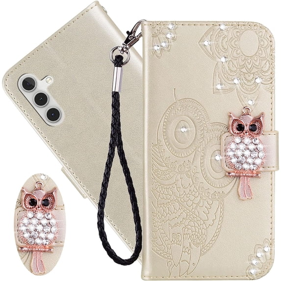 for Samsung Galaxy A24 4G Wallet Case for Women, Glitter Bling Diamond PU Leather Folio Cover with Card Slot & Wrist Strap Phone Case for Samsung Galaxy A24 4G Owl Gold