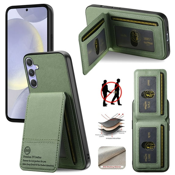 For Samsung Galaxy A24 4G Wallet Phone Case,PC + PU Leather + TPU Hybrid Design,With Card Slots,Diagonal Fabric Pattern,Back Flip Kickstand,Shockproof Rugged Dropproof Phone Case,Green