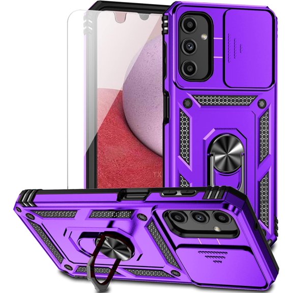 for Samsung Galaxy A24 Case with Slide Camera Cover HD Screen Protector [ Grade 16ft. Drop Tested]  Ring Holder Kickstand Protective Phone Case for Samsung Galaxy A24, Purple