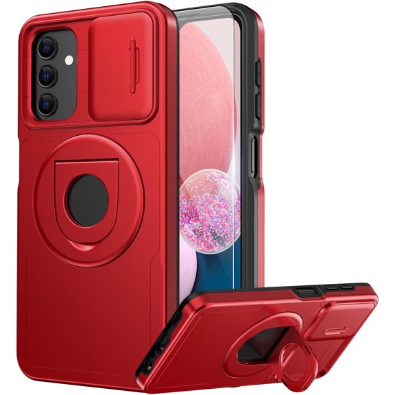 for Samsung Galaxy A24 Case with Sliding Camera Lens Cover and Glass Screen Protector - Magnetic Kickstand - Shockproof Protective Phone Case for Women Girls - Red