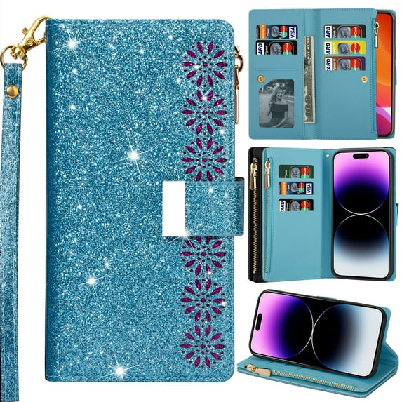 for Samsung Galaxy A25 (5G) Bling Phone Case Wallet, Hollowed Out Flower Sparkly Shiny Smooth Leather Flip Cover Kickstand Zipper Pocket, 2-Layered Card Holder Slot, Magnetic Buckle, Wrist Rope