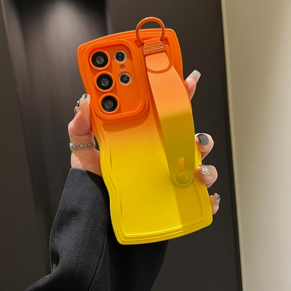 for Samsung Galaxy A25 5G Case with Adjustable Wrist Strap Stand, Cute Wavy Curly Gradient Color Soft Silicone Bumper Shockproof Aesthetic Phone Case for Women Men for A25 5G, Orange+Yellow