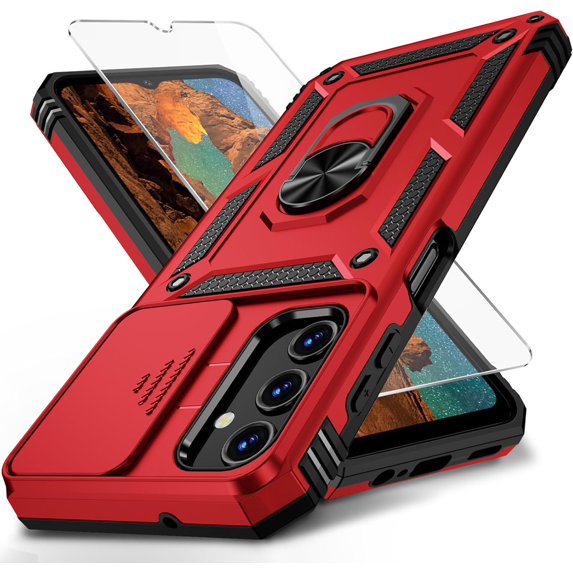 for Samsung Galaxy A25 5G Case with Camera Lens Cover, HD Screen Protector, 10 FT Military Grade Drop Protection, Magnetic Ring Holder Kickstand Protective Phone Case for Galaxy A25 5G, Red