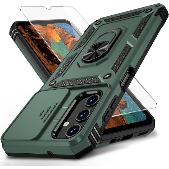 for Samsung Galaxy A25 5G Case with Camera Lens Cover, HD Screen Protector, 10 FT Military Grade Drop Protection, Magnetic Ring Holder Kickstand Protective Phone Case for Galaxy A25 5G, Pine Green