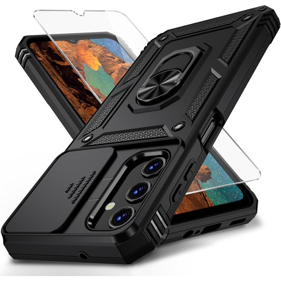 for Samsung Galaxy A25 5G Case with Camera Lens Cover, HD Screen Protector, 10 FT Military Grade Drop Protection, Magnetic Ring Holder Kickstand Protective Phone Case for Galaxy A25 5G,Black