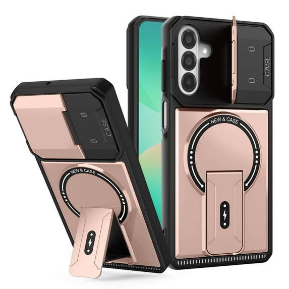 for Samsung Galaxy A25 5G Case, Compatible with MagSafe, Camera Flip Cover, Magnetic Bracket, Rugged Shockproof Drop Protection Durable Protective for Men & Women Hard PC Back Case, Rosegold
