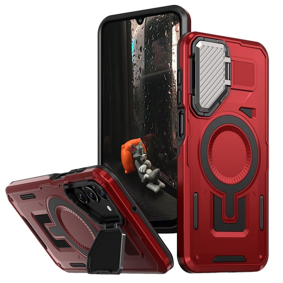 for Samsung Galaxy A25 5G Case with Metal Camera Cover Bracket, [Compatible with MagSafe] [Built-in Kickstand] [Military-Grade Protection] Heavy Duty Magnetic Case for Galaxy A25 5G, Red