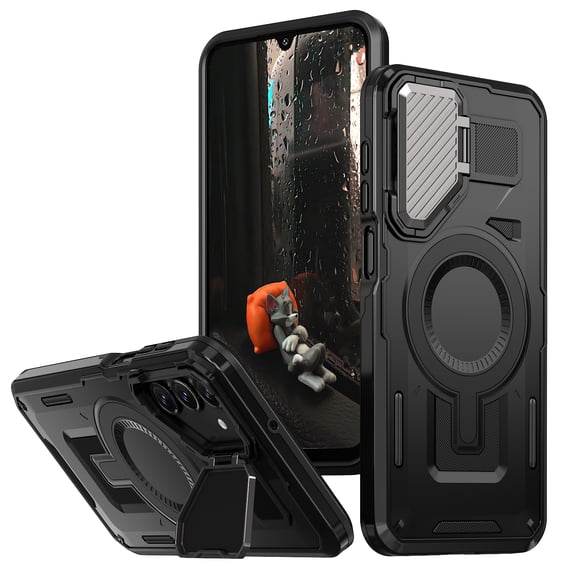 for Samsung Galaxy A25 5G Case with Metal Camera Cover Bracket, [Compatible with MagSafe] [Built-in Kickstand] [Military-Grade Protection] Heavy Duty Magnetic Case for Galaxy A25 5G, Black