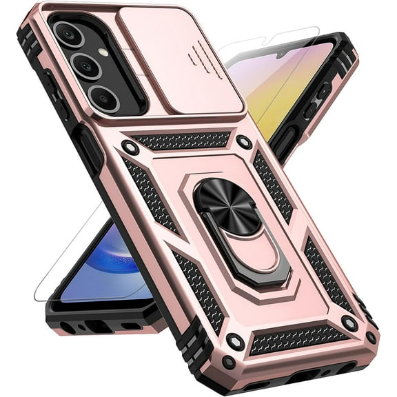 for Samsung Galaxy A25 5G Case with Slide Camera Cover HD Screen Protector [Military Grade 16ft. Drop Tested] Magnetic Ring Holder Kickstand Protective Phone Case for Galaxy A25 5G 2024, Rose Gold