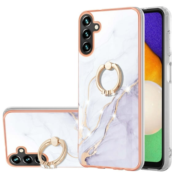 for Samsung Galaxy A25 5G Case, Soft TPU + IMD Marble Pattern Shiny Ring Kickstand Case for Girls and Women, Lens Protection Case for Samsung Galaxy A25 5G, White