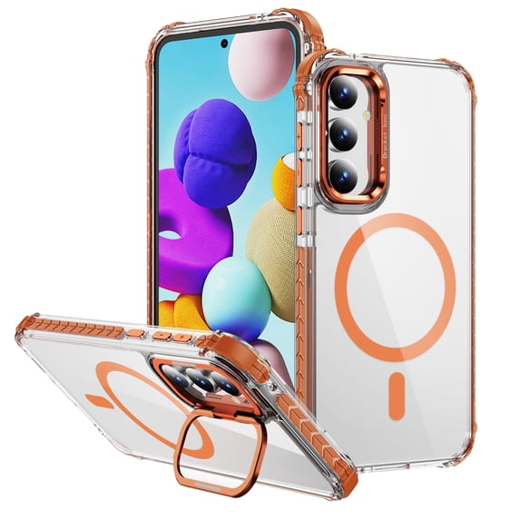 for Samsung Galaxy A25 5G Clear Case, Compatible with MagSafe, Built-in Camera Ring Stand, Clear Slim Drop Shockproof Full Body Protective Magnetic Phone Case Cover for Samsung Galaxy A25 5G, Orange