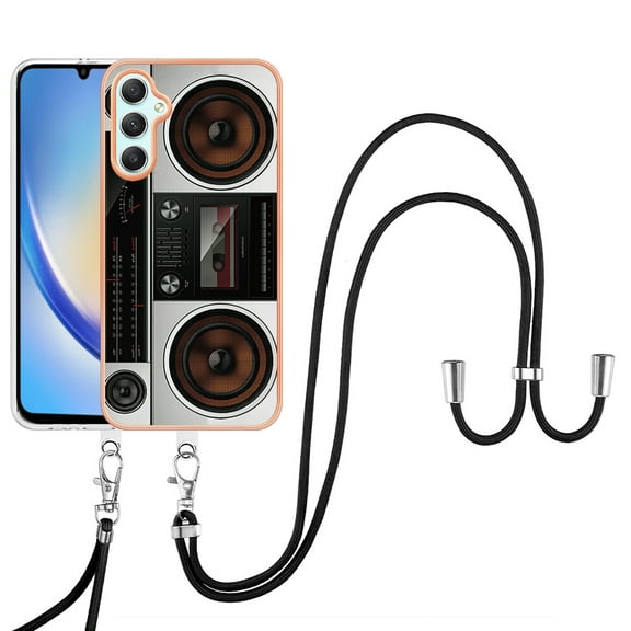 for Samsung Galaxy A25 5G Crossbody Strap Phone Case, Anti-Fall Pattern Clear Design Transparent Soft & Flexible TPU Drop and Shockproof Protective Cover with Adjustable Nylon Neck Strap, Retro Radio