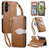 For Samsung Galaxy A25 5G Flip Wallet Phone Case,With Shoulder Strap&Wrist Strap,Flip Fold Kickstand,With Card Slots,Zipper Pocket,Leaf Magnetic Closure,Shockproof Anti-fall Phone Case,Brown