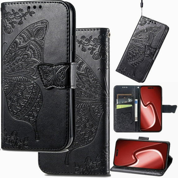 for Samsung Galaxy A25 (5G) Leather Wallet Phone Case, Butterfly Flower Relief Folio Flip Cover, Floral Card Holder Cash Slot, Magnetic Clasp, Stand Support, Wrist Strap Lanyard