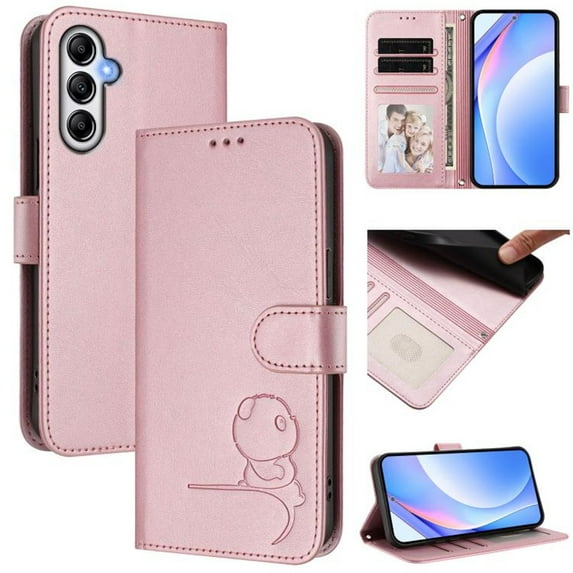 For Samsung Galaxy A25 5G Litter Panda Embossing Leather Phone Case with RFID Blocking Card Slot Wallet Magnetic Clasp Lanyard Flip Stand Case,Pink,For Galaxy A25 5G
