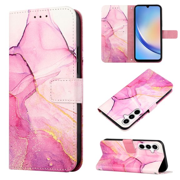 for Samsung Galaxy A25 5G PU Leather Wallet case, Marble Pattern Credit Card Holder,Flip Folio Book Kickstand Cover Women Men with Long + Short Strap for Samsung Galaxy A25 5G, Pink/Purple