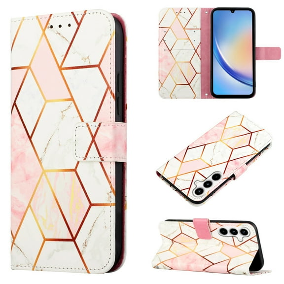 for Samsung Galaxy A25 5G PU Leather Wallet case, Marble Pattern Credit Card Holder,Flip Folio Book Kickstand Cover Women Men with Long + Short Strap for Samsung Galaxy A25 5G, Pink/White