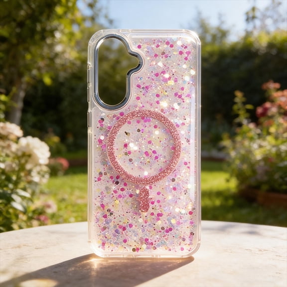 For Samsung Galaxy A25 5G Phone Case,Support For Mag-Safe,Luxury Bling Sparkly Colorful Sequins Glitter Back Design,Ultra Slim Shockproof Anti-Scratch Non-Slip Transparent Phone Case,Pink