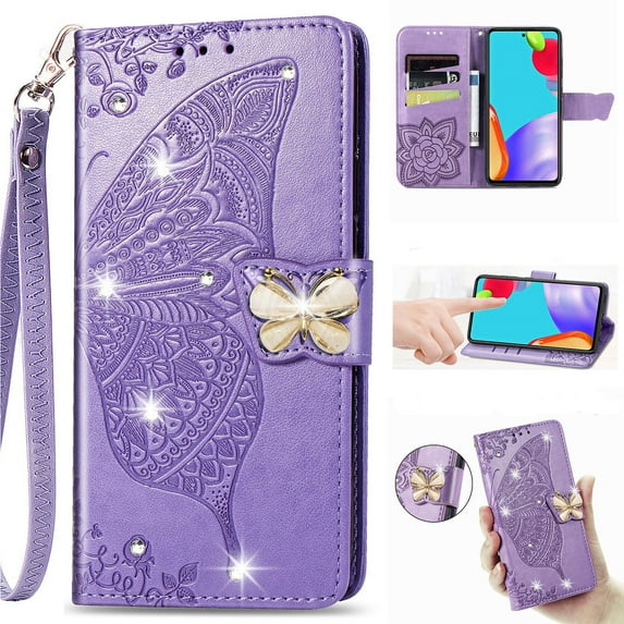 for Samsung Galaxy A25 5G Phone Case Wallet, Women Flip Folio Cover with Credit Card Holders Diamond Emboss Butterfly Flower PU Leather Purse Wrist Strap Kickstand Case for A25 5G, Lightpurple
