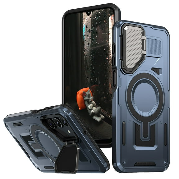 for Samsung Galaxy A25 5G Rugged Case, Compatible with MagSafe, Heavy Duty Magnetic Miltary Drop Protection Anti-Fall Hard Metal Phone Cover with Built-in Camera Cover Stand - Navyblue
