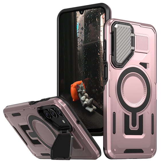 for Samsung Galaxy A25 5G Rugged Case, Compatible with MagSafe, Heavy Duty Magnetic Miltary Drop Protection Anti-Fall Hard Metal Phone Cover with Built-in Camera Cover Stand - Rosegold