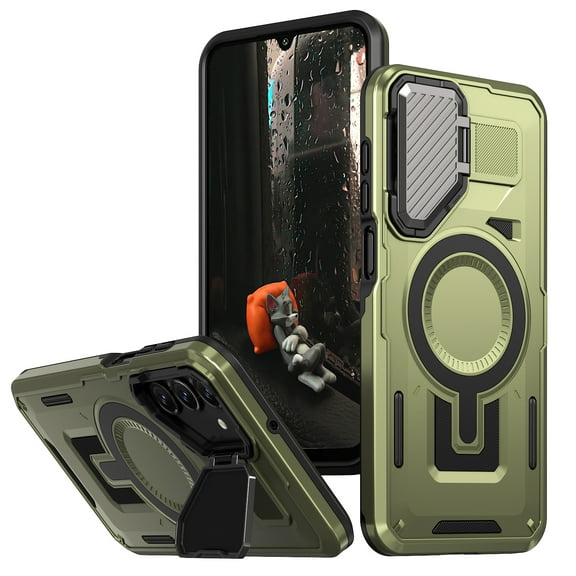 for Samsung Galaxy A25 5G Rugged Case, Compatible with MagSafe, Heavy Duty Magnetic Miltary Drop Protection Anti-Fall Hard Metal Phone Cover with Built-in Camera Cover Stand - Olivegreen