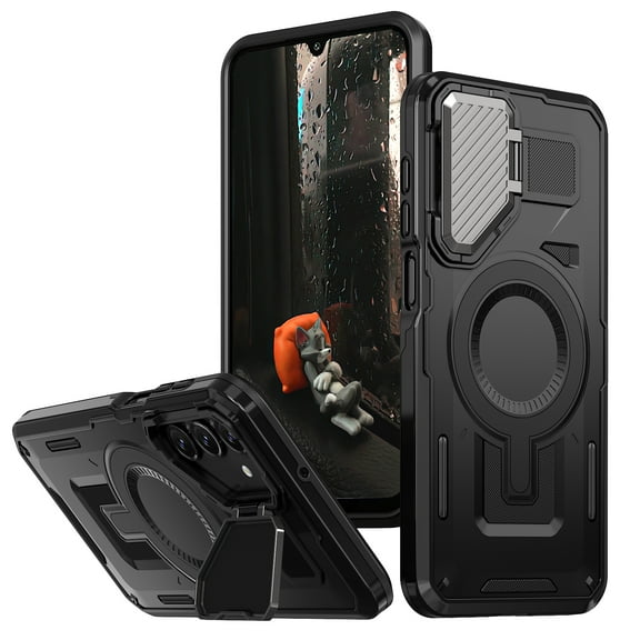 for Samsung Galaxy A25 5G Rugged Case, Compatible with MagSafe, Heavy Duty Magnetic Miltary Drop Protection Anti-Fall Hard Metal Phone Cover with Built-in Camera Cover Stand - Black