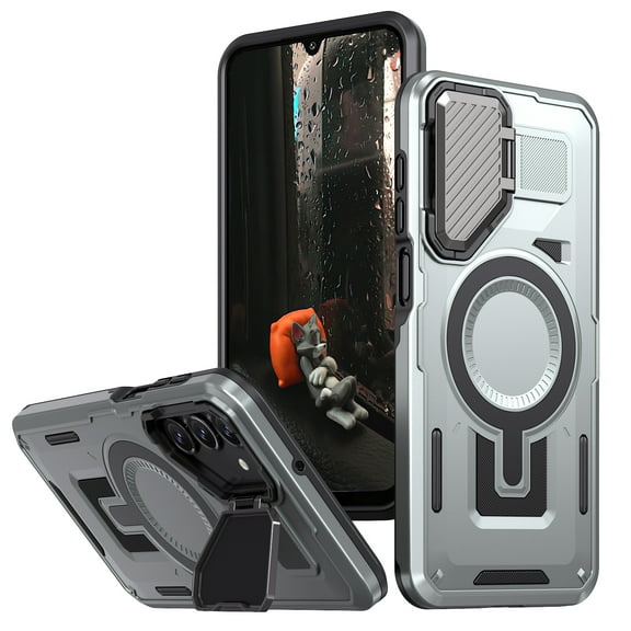 for Samsung Galaxy A25 5G Rugged Case, Compatible with MagSafe, Heavy Duty Magnetic Miltary Drop Protection Anti-Fall Hard Metal Phone Cover with Built-in Camera Cover Stand - Gray