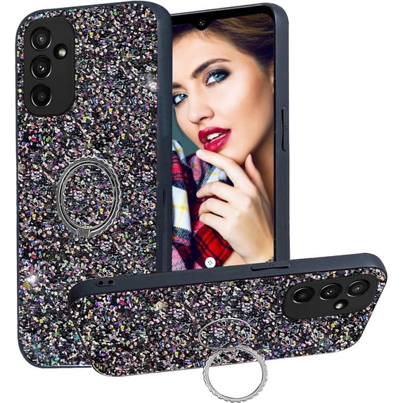 for Samsung Galaxy A25 5G Sparkle Bling Sparkly Glitter Case for Women, Shockproof Protective Cover Case with Ring Kickstand for Samsung Galaxy A25 5G CZ-Black
