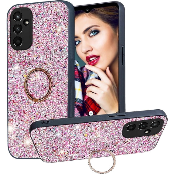 for Samsung Galaxy A25 5G Sparkle Bling Sparkly Glitter Case for Women, Shockproof Protective Cover Case with Ring Kickstand for Samsung Galaxy A25 5G CZ-Rose Gold