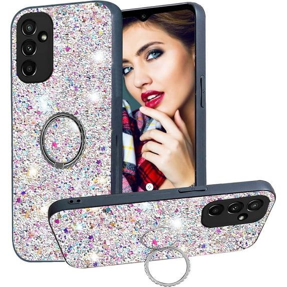 for Samsung Galaxy A25 5G Sparkle Bling Sparkly Glitter Case for Women, Shockproof Protective Cover Case with Ring Kickstand for Samsung Galaxy A25 5G CZ-Silver