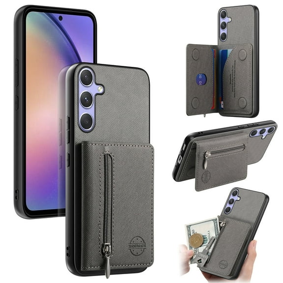 for Samsung Galaxy A25 5G Wallet Case, Classic Denim Texture PU Leather RFID Blocking Zipper Pocket Card Slots with Kickstand, Shockproof Anti-Scratch Protective Magnetic Anti-Slip Back Case, Gray