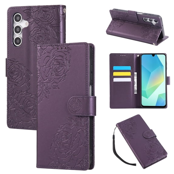 for Samsung Galaxy A25 5G Wallet Case with Credit Card Holder, Flower Pattern Flip PU Leather Stand Shockproof Protective Phone Cover for Samsung Galaxy A25 5G Magnetic Clasp Purse Case, Darkpurple