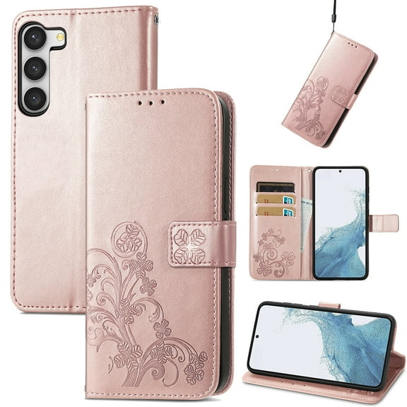for Samsung Galaxy A25 5G Wallet Case, [Flower Embossed] Premium PU Leather Flip Protective Case Cover with Card Holder and Stand with Wrist Strap for Samsung Galaxy A25 5G, Rosegold