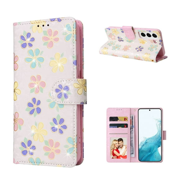For Samsung Galaxy A25 5G Wallet Case, Stylish Flowers Pattern PU Leather Cover with Wrist Strap & Card Slots, Kickstand Magnetic Closure Shockproof Slim Case for Women Girls, Small Flowers