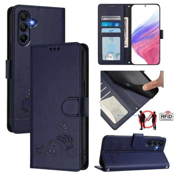 For Samsung Galaxy A26 5G 6.7" RFID Blocking Protective Purse Case Cat Embossed Strong Magnetic Attachment/Closure, Card Slots/Pocket, PU Leather Flip Wallet Case With Hanging Rope,Blue