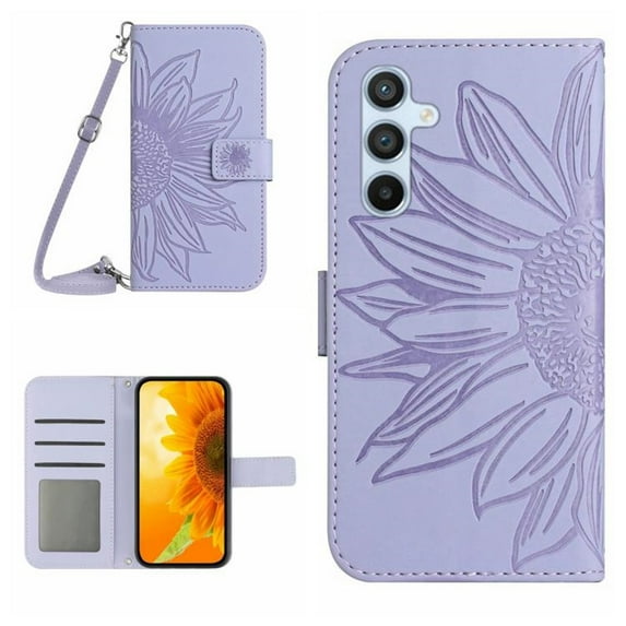 For Samsung Galaxy A26 5G 6.7" Sunflower Embossed Strong Magnetic Attachment/Closure, Card Slots/Pocket, PU Leather Flip Wallet Case With Hanging Rope,Purple,For Galaxy A26 5G