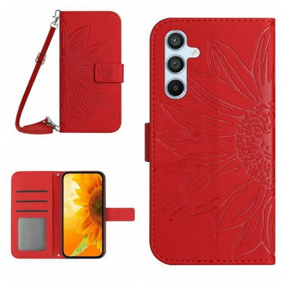For Samsung Galaxy A26 5G 6.7" Sunflower Embossed Strong Magnetic Attachment/Closure, Card Slots/Pocket, PU Leather Flip Wallet Case With Hanging Rope,Red,For Galaxy A26 5G